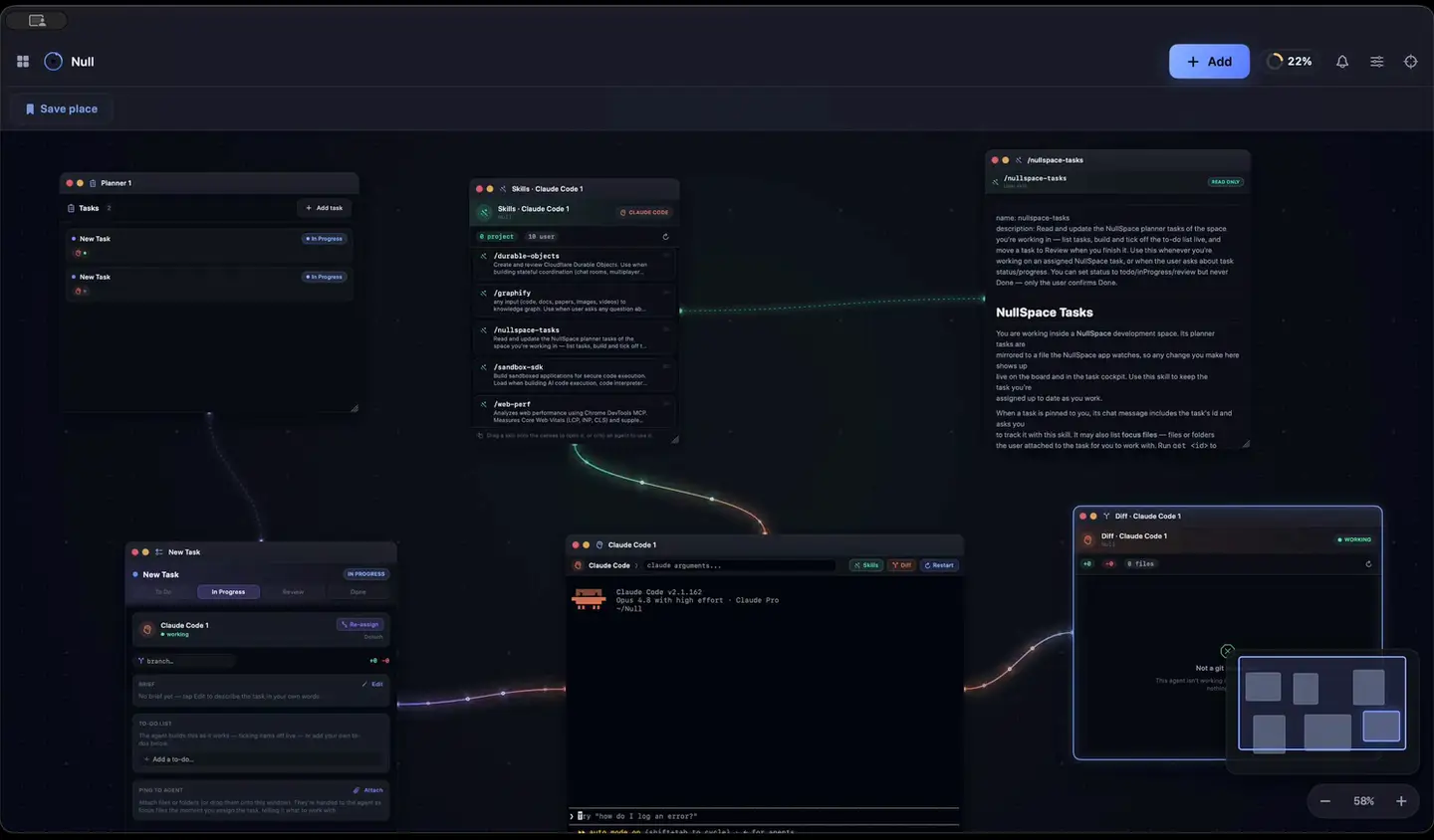 The Null Space canvas on macOS: a planner, a task cockpit, a Claude Code agent, a live diff and a skills window laid out on one board and wired together with cables.